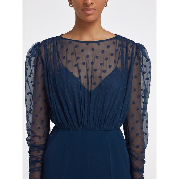 Saloni Bernadette Jumpsuit in Navy Blue Size 2 Sheer Embroidered Dot Chic Sexy - Picture 3 of 16